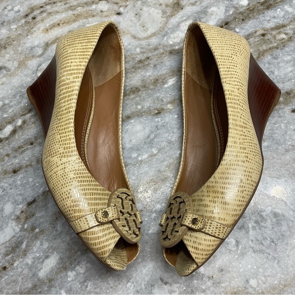 Tory Burch Mini Miller Open-Toe Wedge Shoes in trench tan women’s 8.5 - Picture 5 of 14